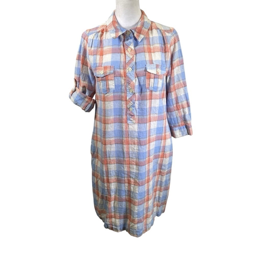OLD NAVY Women's size M Plaid Linen Popover Shirt Dress Pockets Roll tab sleeves